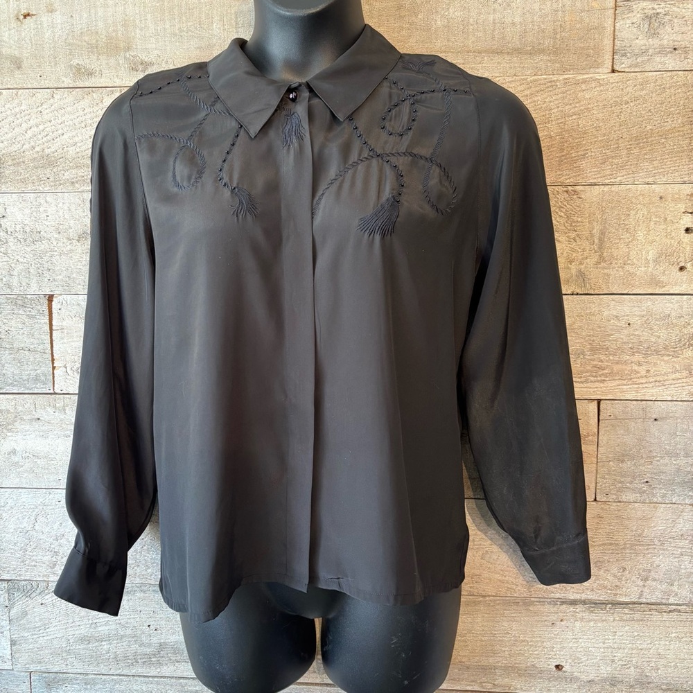Vintage Braemar Jeremy Scott women’s black embroidered button up blouse‎ size 10